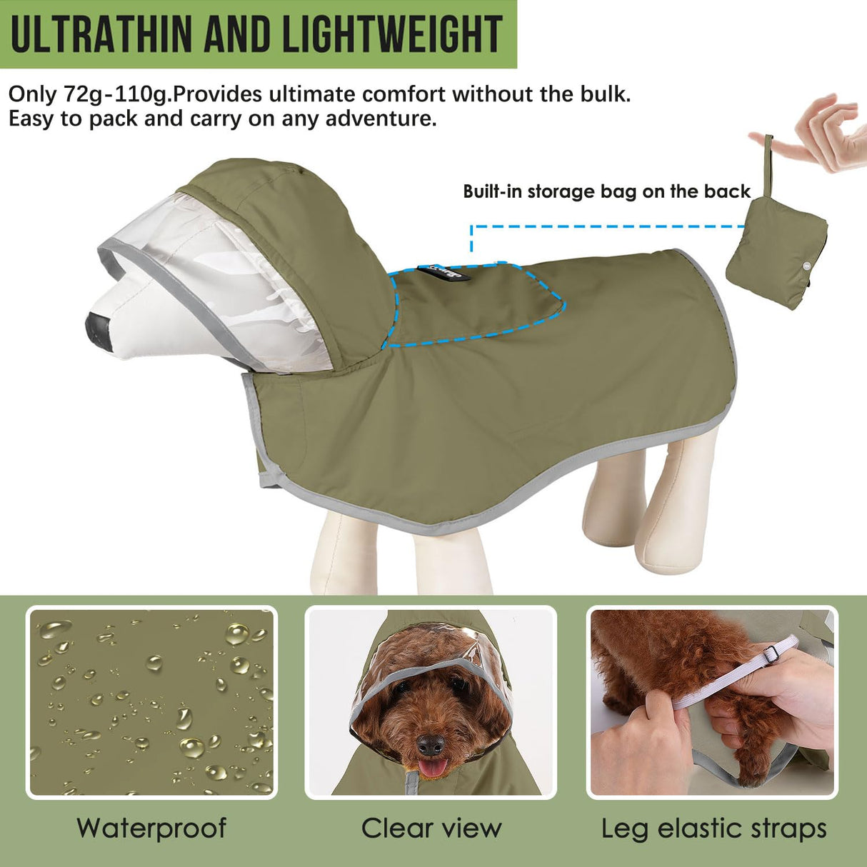 Lukovee Dog Raincoat - Lightweight Hooded Dog Rain Coat for Large Medium Small Dogs, Adjustable Poncho Jacket with Reflective Stripes & Built-in Storage Pocket (Green, Medium)