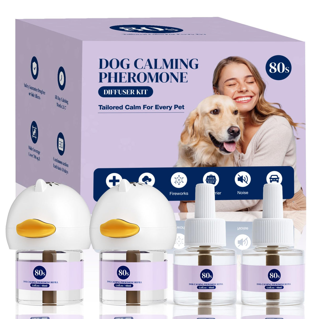 80S Dog Calming Diffuser, 6-in-1Dog Pheromones Calming Diffuser - for Stress, Destructive Behavior, Pee Accidents, Separation Anxiety, Barking, Aggression & Chewing - Help Train Dogs to Pee