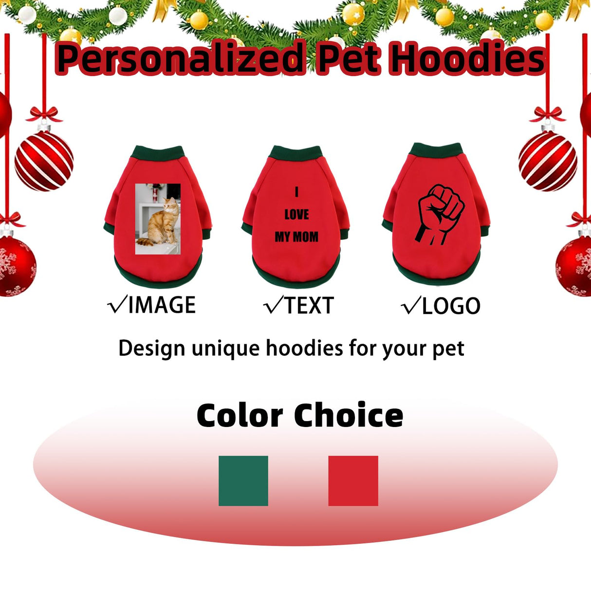 Custom Dog Hoodie, Personalized Sweatshirt with Photo Text Name Logo, Customized Hooded Sweater for Small Medium Large Dogs & Cats (Red + Green Sleeves, X-Large)