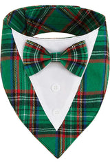 HDGDT Adjustable Green Plaid Christmas Dog Tuxedo Bandana with Bow Tie - Holiday Pet Outfit Costume for Dogs XS to XL