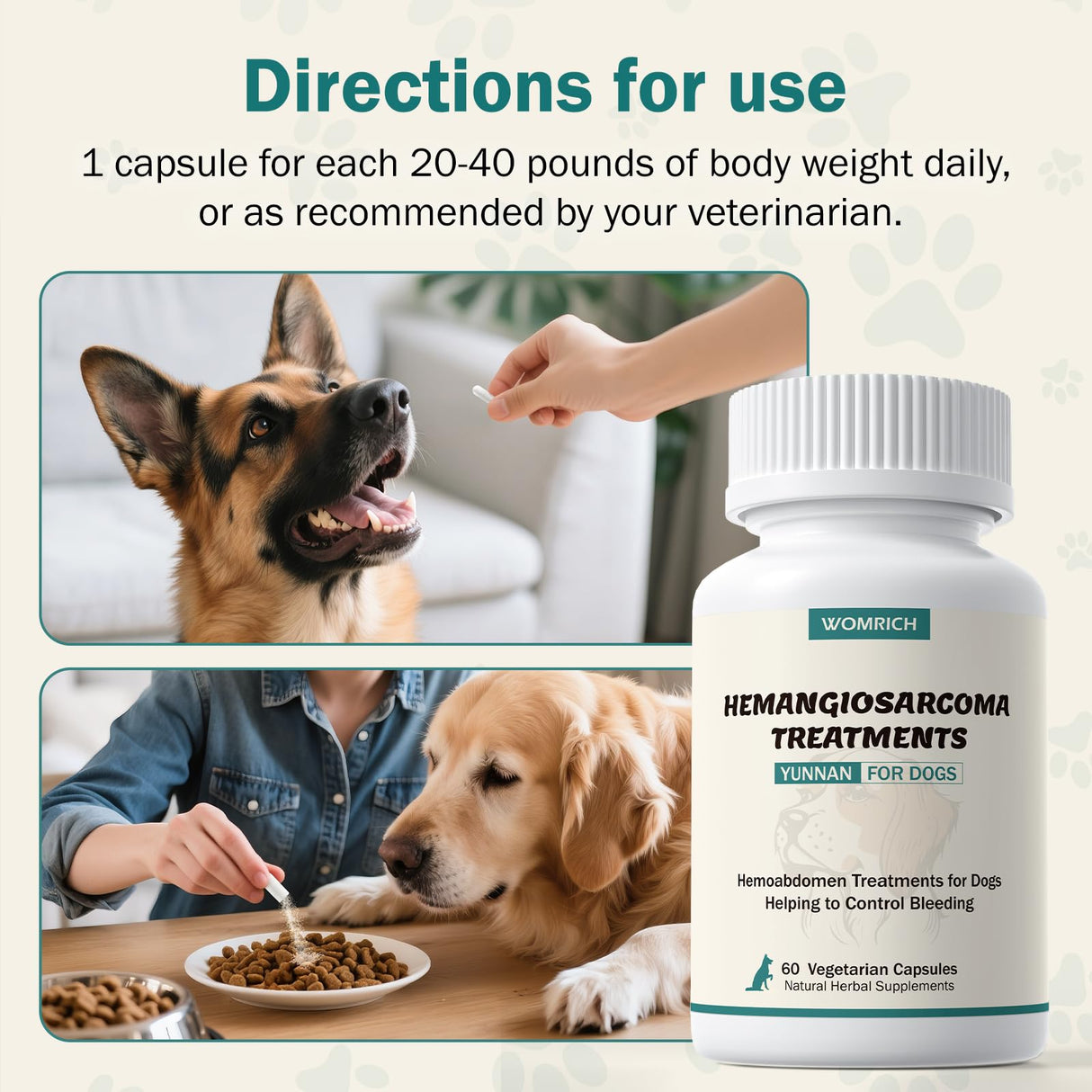 Blood Support for Dogs, Yunan Sanqi Capsules for Dogs for Hemangiosarcoma, Hemoabdomen, Pericardial Effusion, Cancer Bleeding, Severe Bruising, Ulcer-Related Bleeding, Bloody Stools - 60 Capsules