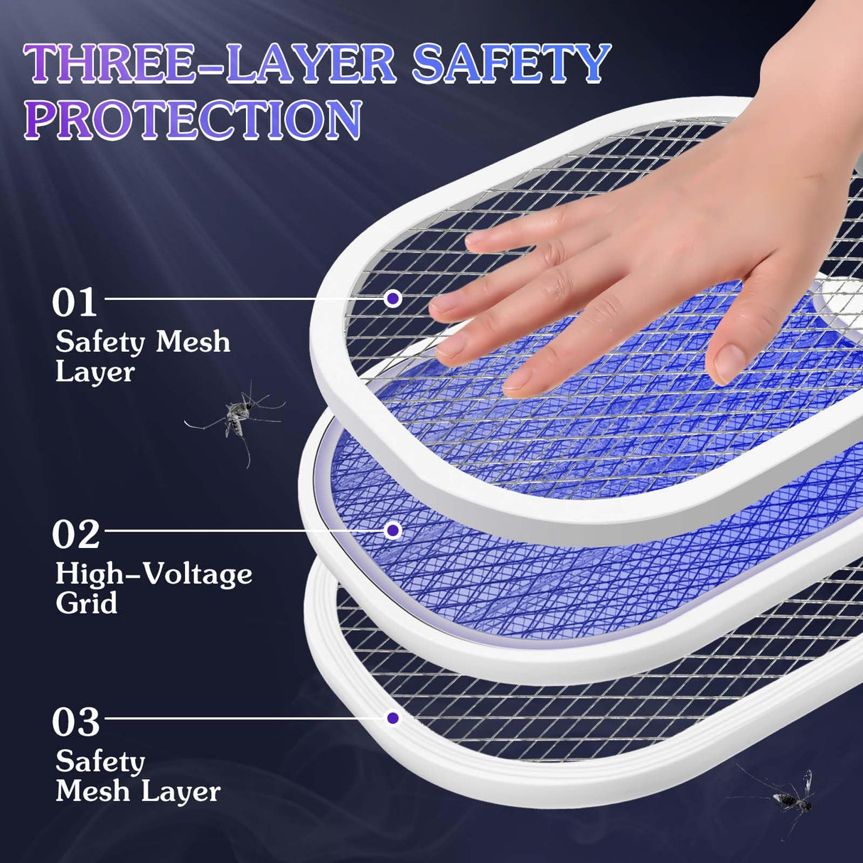 Qualirey 2 Pack Electric Fly Swatter 3000v Bug Zapper Racket 2 in 1 Mosquito Killer with 3 Layers Safety Mesh 20.5 Inch Extra Large USB Rechargeable with 1200mah Battery for Indoor Outdoor(White)