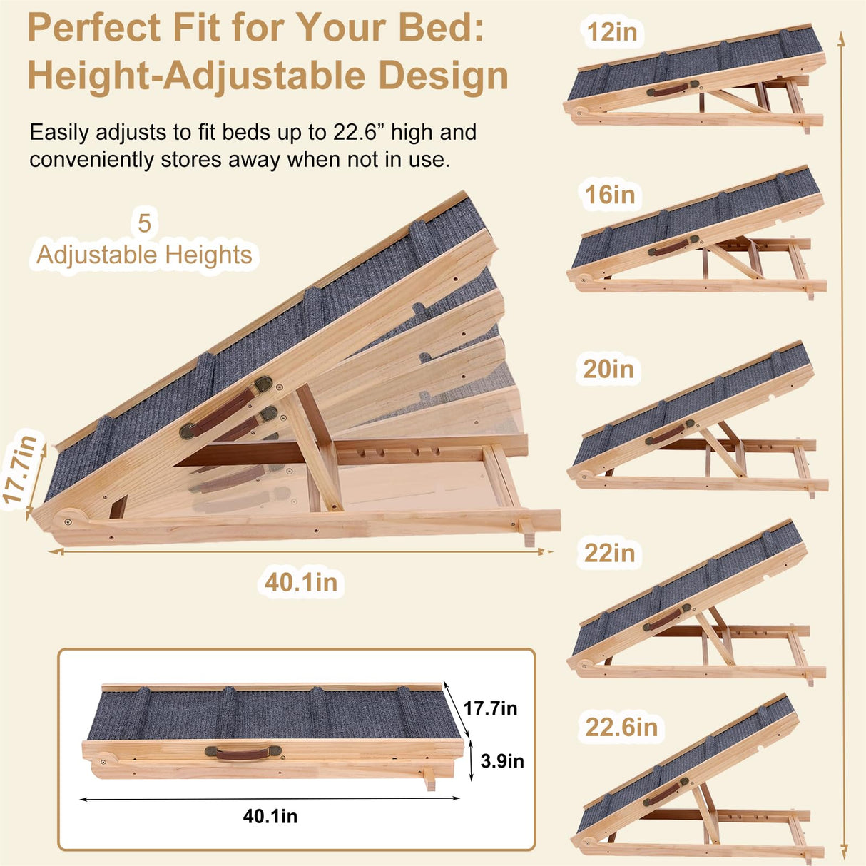 Foldable Wooden Dog Ramp & Pet Stairs - 5-Level Non-Slip Pet Steps for Dogs & Cats, Balanced Indoor/Outdoor Use