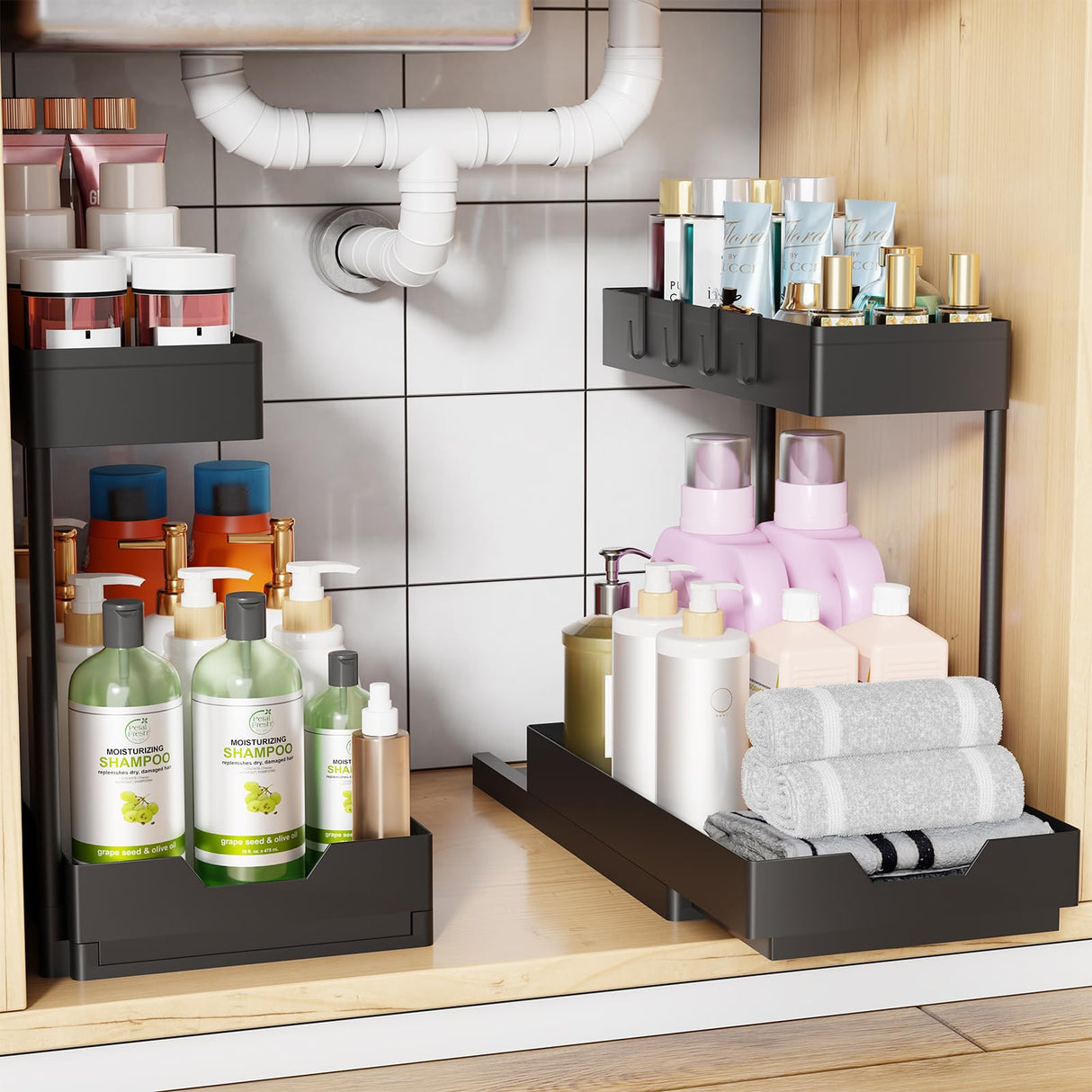 Under Sink Organizer 2 Pack, 2 Tier Cabinet Organizer with Sliding Basket, Multi-Purpose Sink Storage Basket with 4 Hooks for Kitchen Bathroom, Black