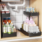 Under Sink Organizer 2 Pack, 2 Tier Cabinet Organizer with Sliding Basket, Multi-Purpose Sink Storage Basket with 4 Hooks for Kitchen Bathroom, Black
