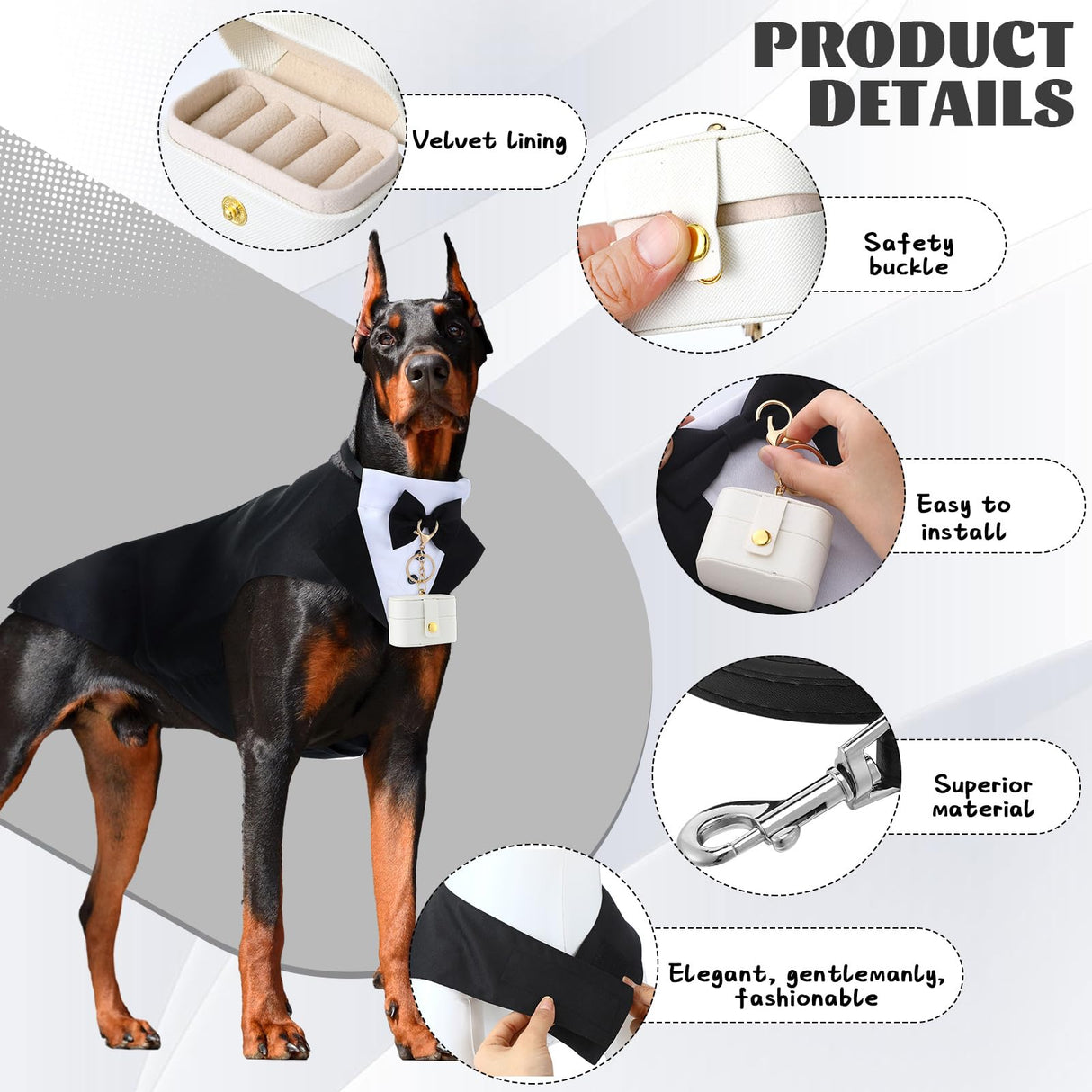 Huhumy 4 Pcs Dog Wedding Tuxedo Outfit for Large Dogs Pet Ring Box Security Gift Set Include Wedding Ring Holder Pouch Box Formal Dog Tux PU Leather Leash Black Gentleman Pet Tux with Bowtie Set