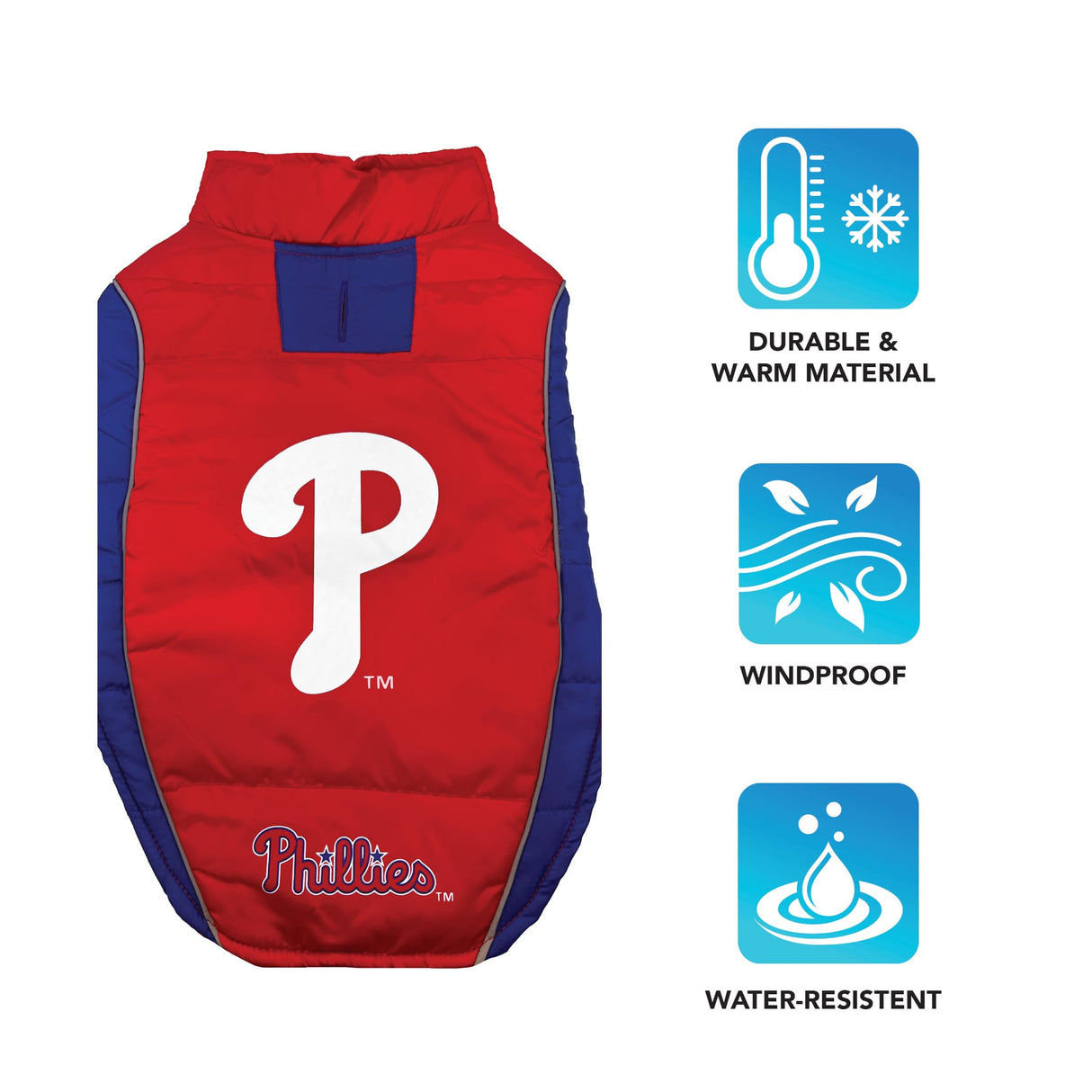 MLB Philadelphia Phillies Puffer Vest for Dogs & Cats, Size Large. Warm, Cozy, & Waterproof Dog Coat, for Small & Large Dogs/Cats. Best MLB Licensed PET Warming Sports Jacket