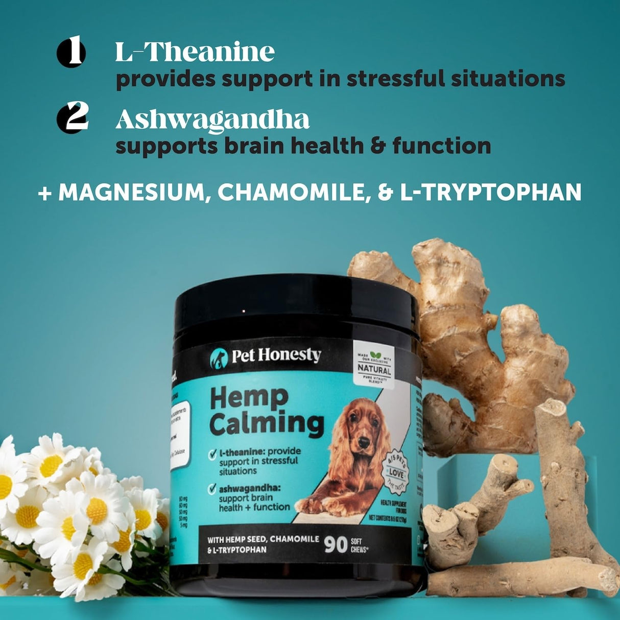 Natural Hemp Calming Chews for Dogs - Calming Aid Supplement for Occasional Anxiousness with Valerian Root, Chamomile, + Magnesium - Stress, Separation & Thunder Support - (Chicken, 90 Count)