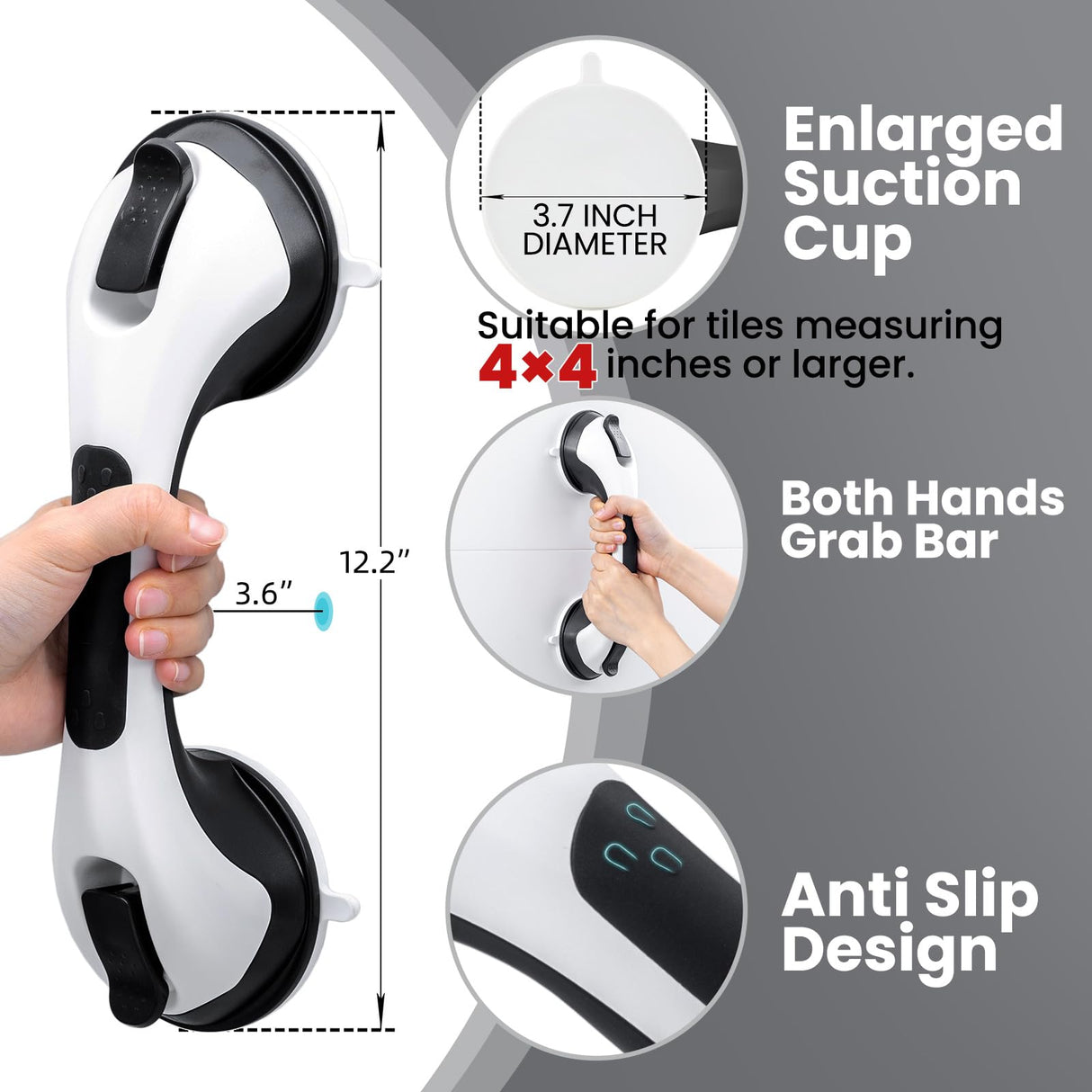 TAILI Shower Grab Bar, 12 Inch Shower Handle for Bathtubs and Showers for Elderly, Suction Grab Bars for Seniors Bathroom Safety Handle for Elderly, No Drilling Removable,Black