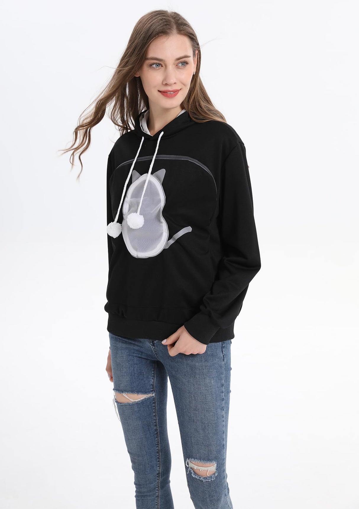 LINYUCHEN Cat Pouch Hoodie Pet Carrier Sweatshirt Large Pocket Pullover Shirt Wearable Cat Dog Carrier Hoodie Black