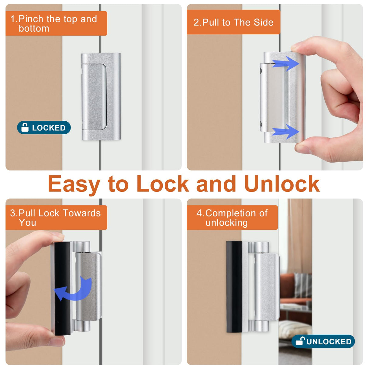 Husfunov 2 Pack Home Security Door Lock,Childproof Door Reinforcement Lock,with 3" Stop Withstand 800 lbs,for Inward Swing Doors,Night Kids Safety Metal Flip Lock Deadbolt Latch (Silver)