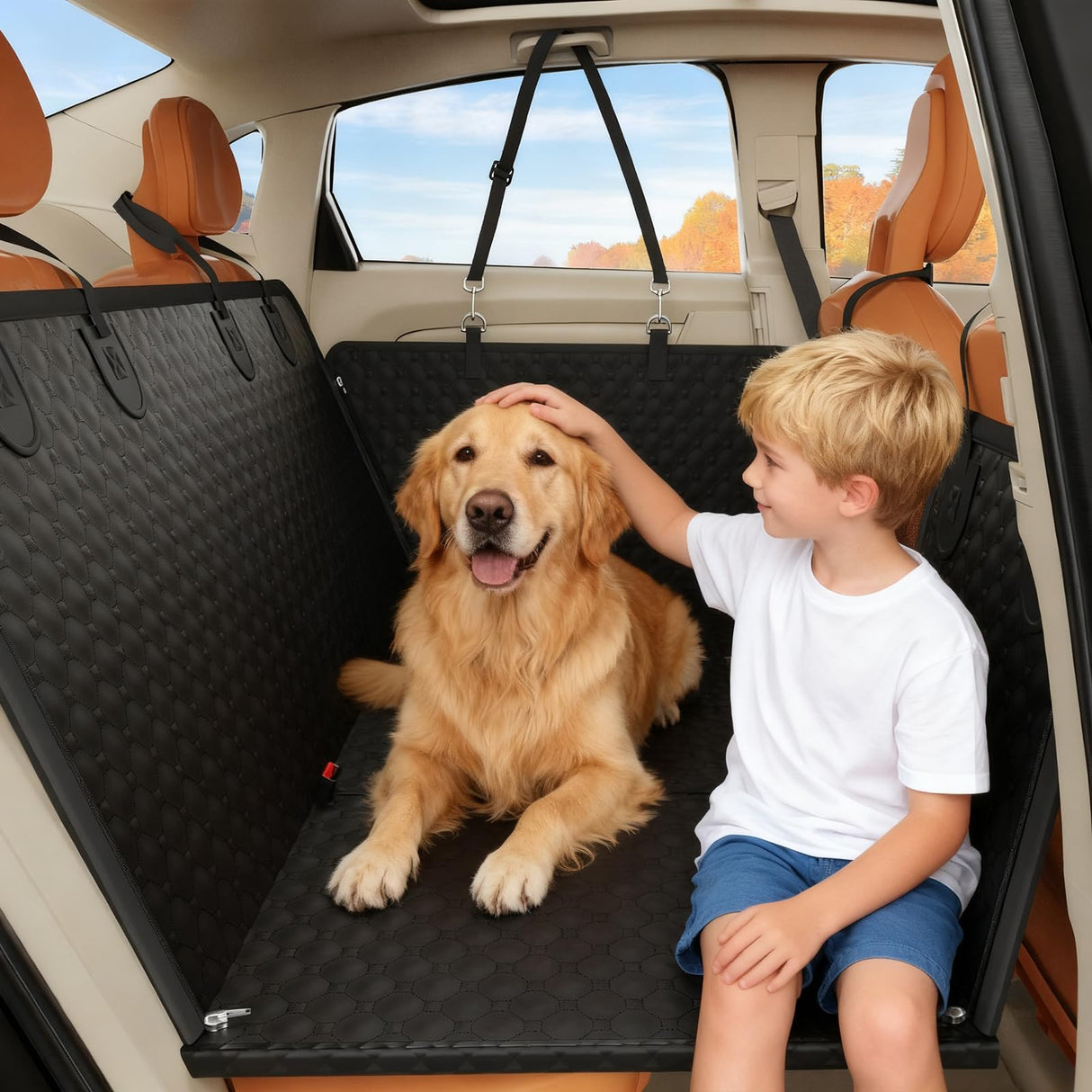 PAWYAGE Back Seat Extender for Dogs with Hard Bottom & Mesh Window, Waterproof Dog Car Seat Cover for Back Seat, Cat-Scratch Resistant Fabric, Extra Comfortable Dog Hammock for Car SUV and Trucks