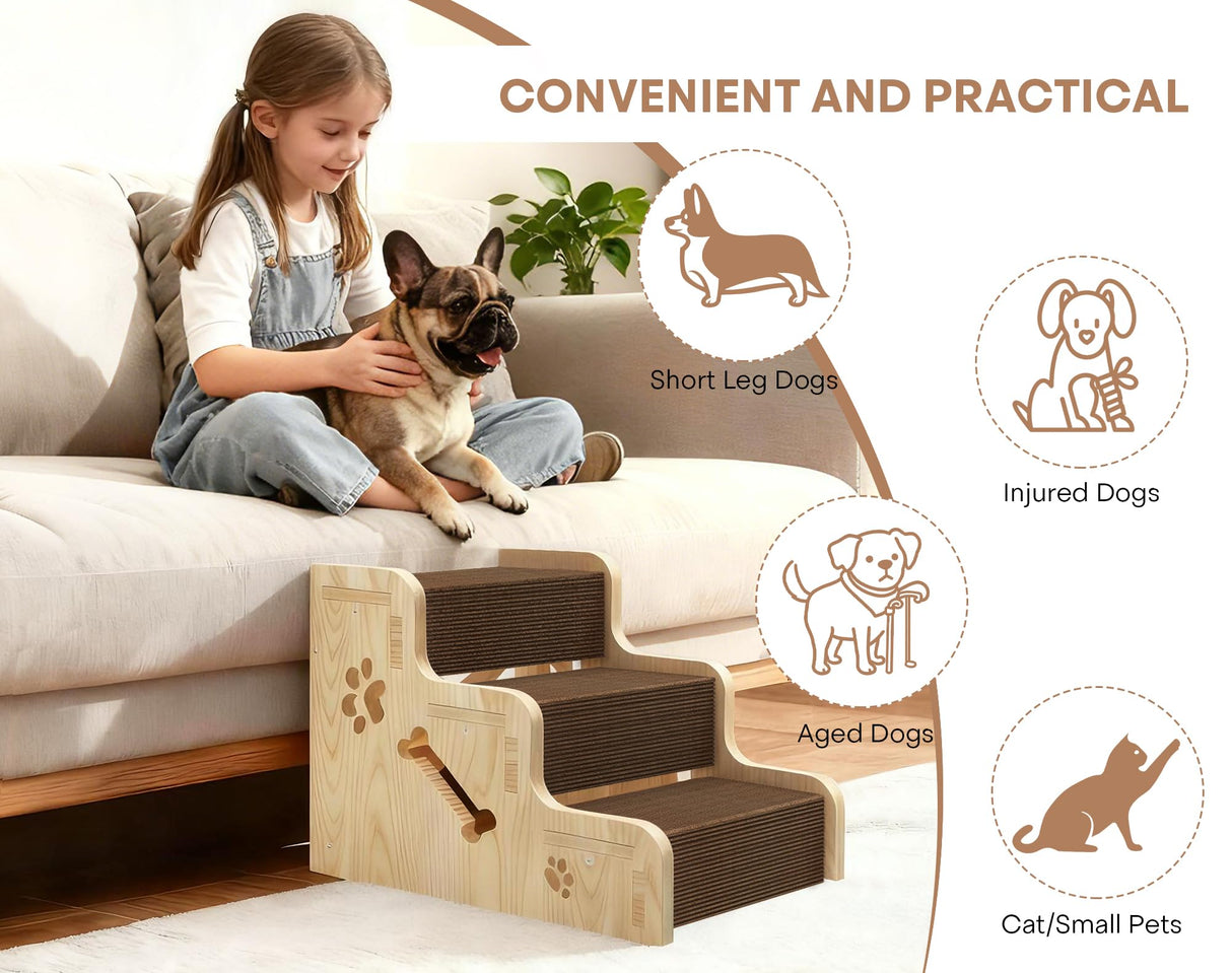 TIMHAKA Dog Stairs for Small Dogs, 3-Step Wooden Dog Ramp for Bed, Couch & Car, Non-Slip Pet Stairs for Small Old Short-Legged Puppy & Cat, Indoor Pet Steps with X-Brace Support