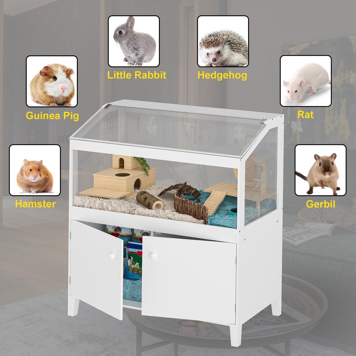 GDLF Hamster Cage with Storage Cabinet Small Animal Cage, Easy View Acrylic Panels, Large Habitat for Hedgehog Gerbil & Rat 39.5"x19.7"x43.7"