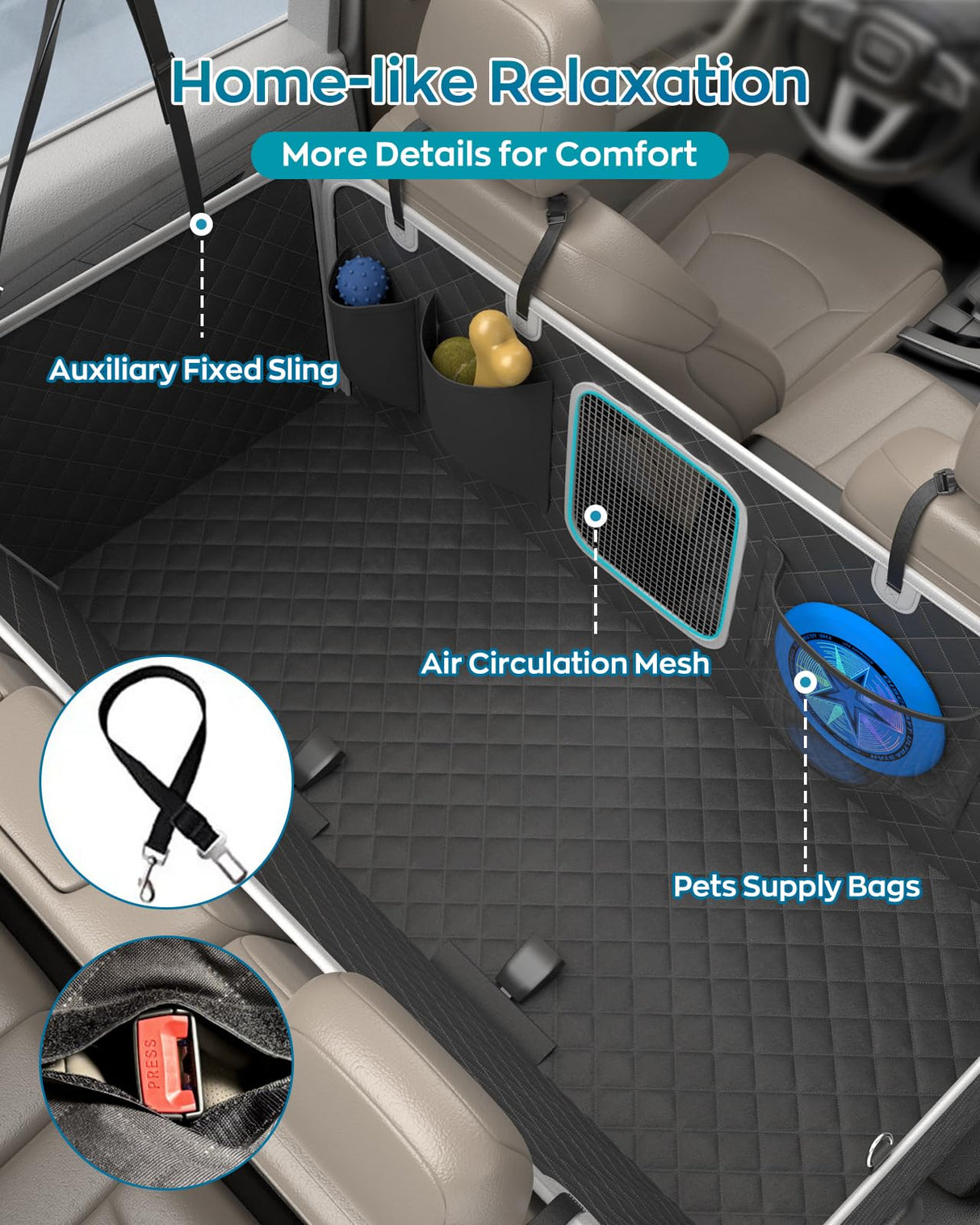PetPurrio Dog Car Seat Cover for Back Seat, Hard Bottom Dog Hammock for Car, Waterproof Back Seat Extender for Large Dogs, Pet Seat Protector, Universal for Cars, SUVs, 400lb