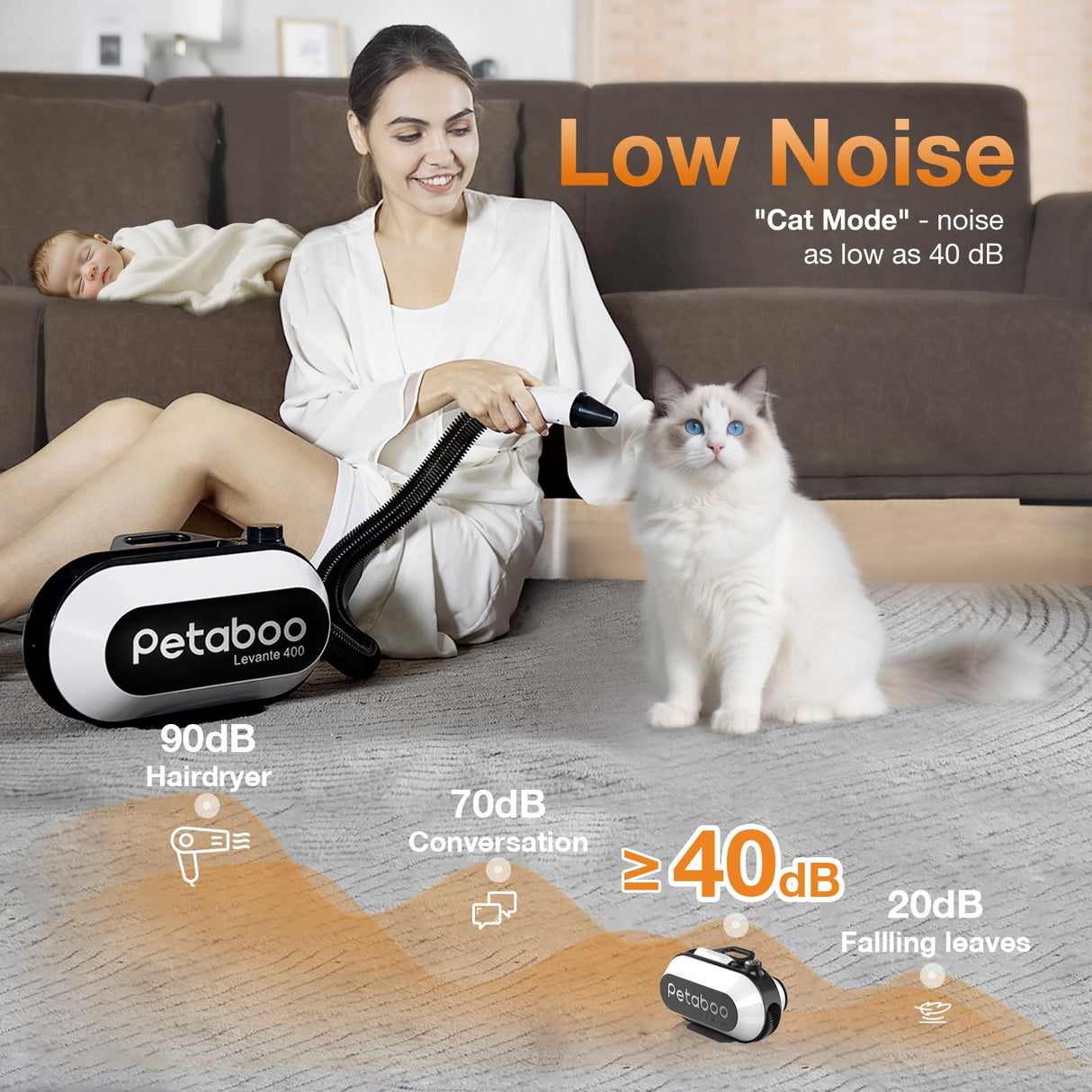 petaboo Dog Dryer - Ultra-Quiet 40dB Cat Mode, Portable & All-in-One Storage, 3-in-1 Nozzles & Adjustable Speed/Temp, Negative Ion Technology, BLDC Motor, Force Dryer for Dogs & Cats