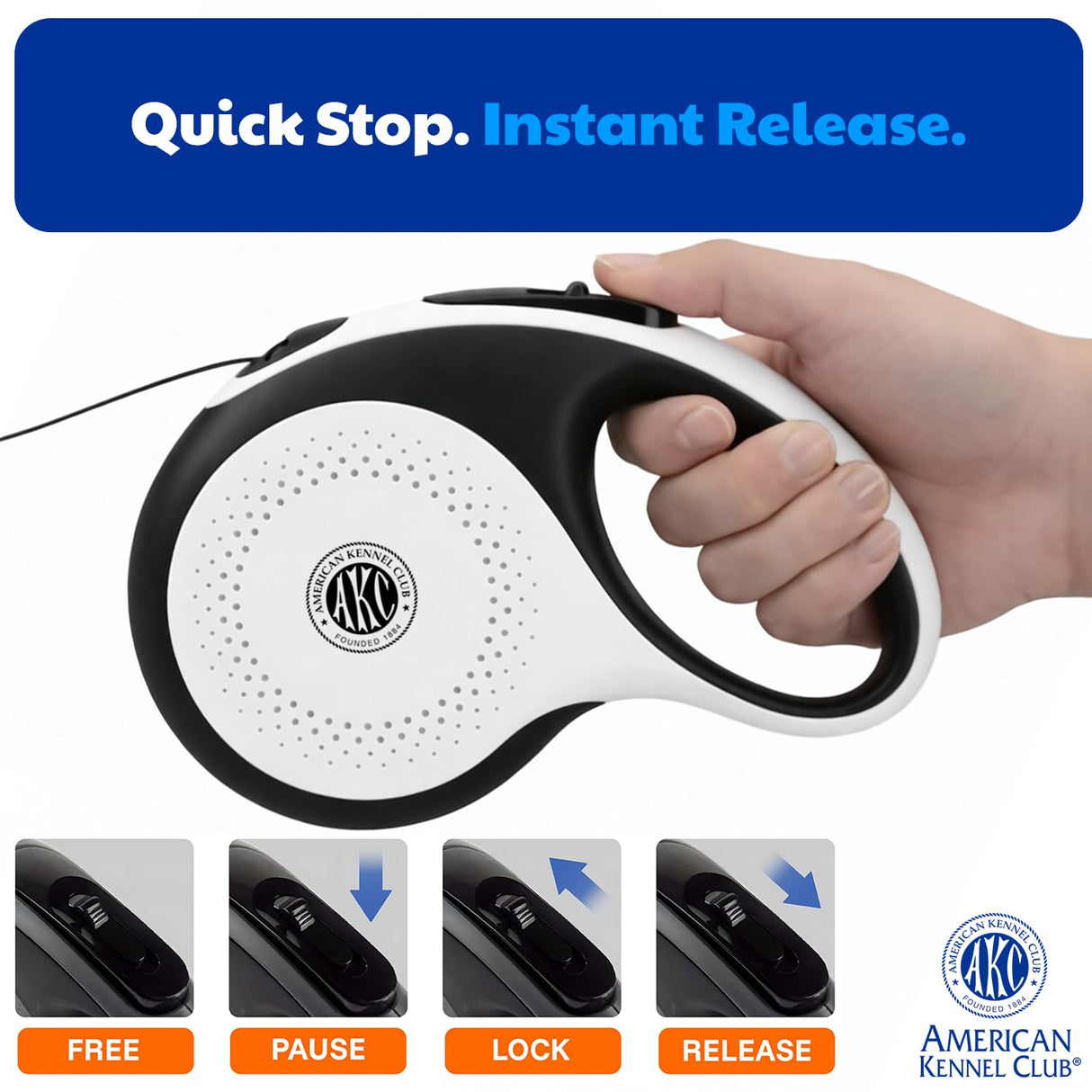 American Kennel Club Retractable Dog Leash, 16.4ft, Tangle-Free, Ergonomic Grip, One-Hand Brake, for Medium & Large Dogs up to 66