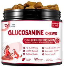 Load image into Gallery viewer, NATURE TARGET Glucosamine for Dogs, Joint Supplement with Chondroitin, MSM, Omega-3, Hemp for Pain Relief, Hip &amp; Joint Chews for Dogs with Calcium for Bone Health, 120 Soft Chews
