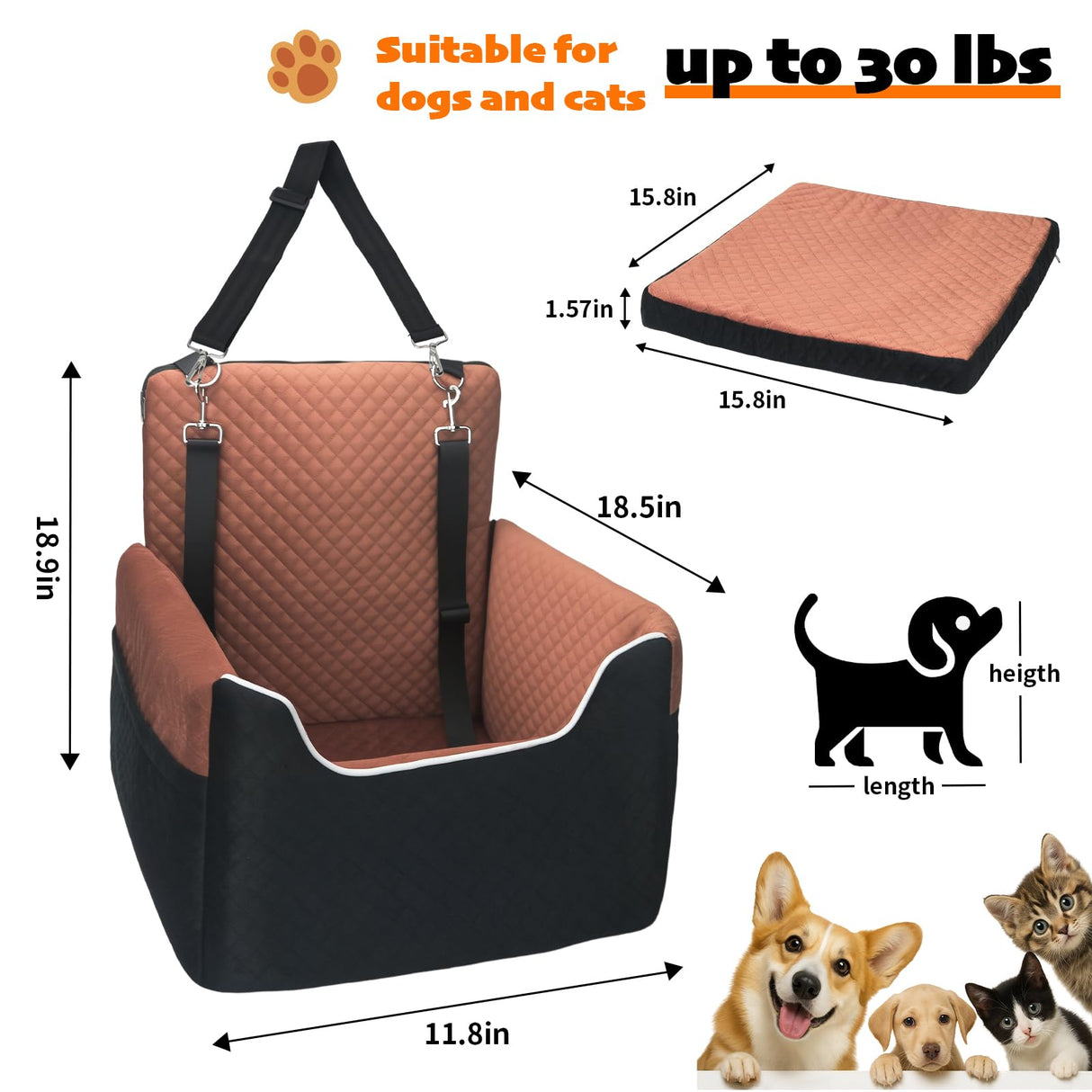Dog Car Seat for Small/Medium Dogs Under 35lbs, Soft Booster Car Seat with Detachable Washable Cover and Cushion, Memory Foam Pet Car Seat with Safety Belt and Storage Pockets, Puppy Dog Car Bed