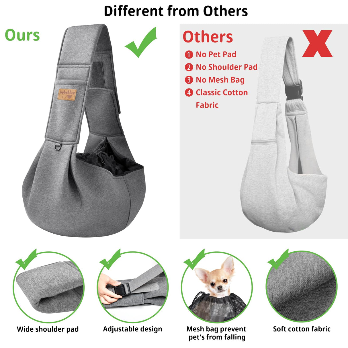 vrbabies Dog Sling Carrier for Small Dogs, Soft Adjustable Wide Strap Pet Dog Bag with Safe Mouth, Hand Free Front Carrying Puppy Cat Dog Kangaroo Pouch Carrier for Traveling