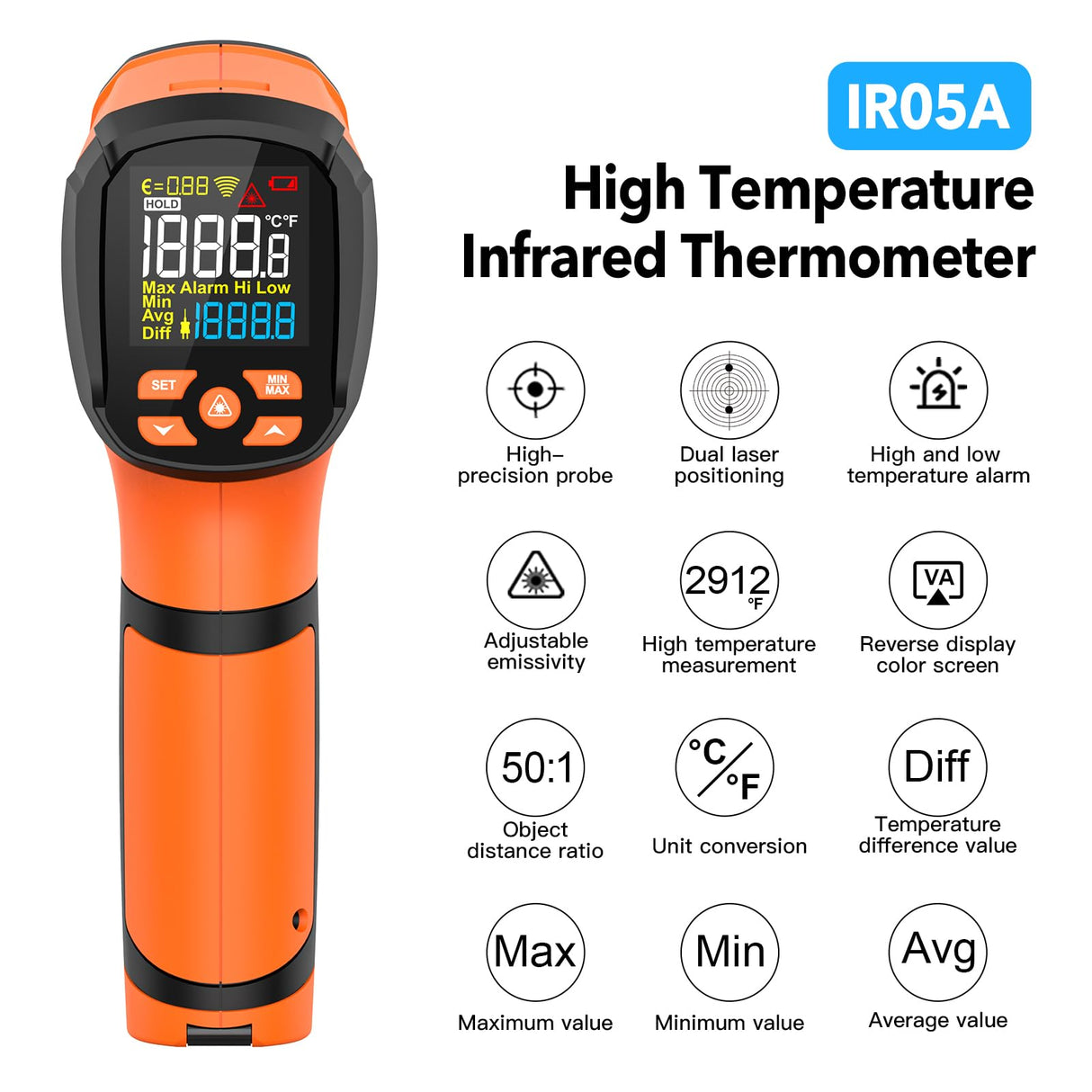 MESTEK Infrared Thermometer Temperature Gun, -40℉~2912℉, High Temp Infrared Thermometer with Color LCD, Non-Contact Pyrometer 50:1 Laser Thermometer Gun for Industrial HVAC Forge Metal Smelting