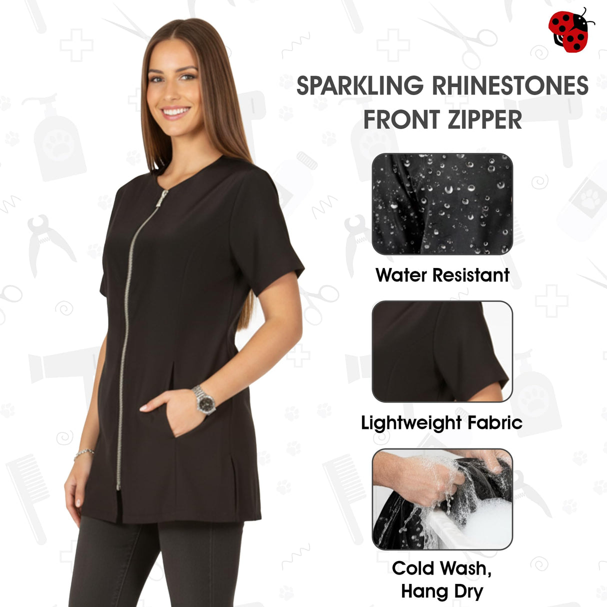 Ladybird Line 460 Groomer's Rhinestone Jacket - Water, Hair and Bleach Resistant, Short Sleeve Dog Grooming and Hair Stylist Smock with Round Neck, 2 Side Pockets & Adjustable Back Tie Belt - XS
