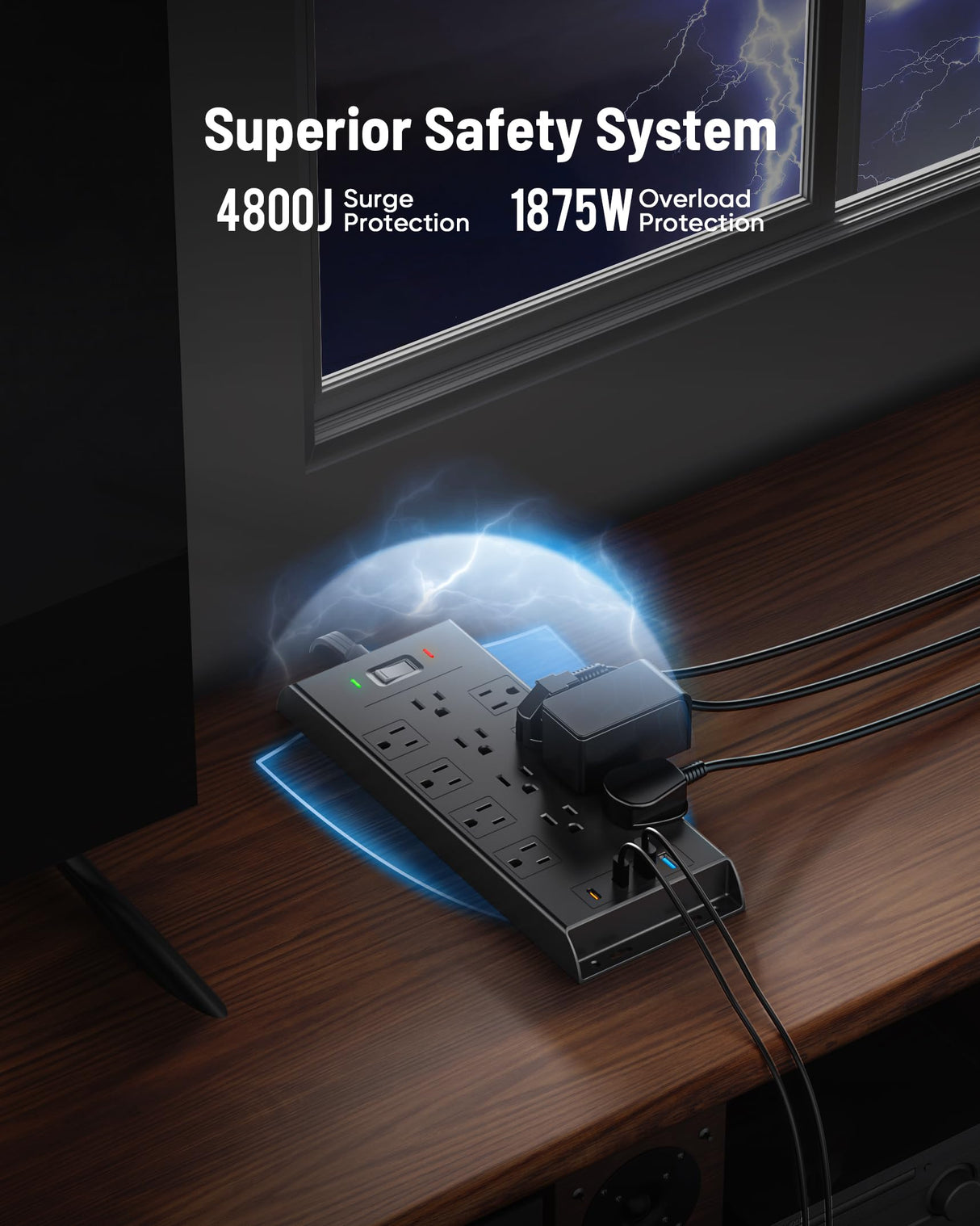 Surge Protector Power Strip 4800J, 10Ft Long Extension Cord Flat Plug, 12 Outlets 2 USB C 2 USB Ports, Wall Mountable, 20W Desk Charging Station, Black