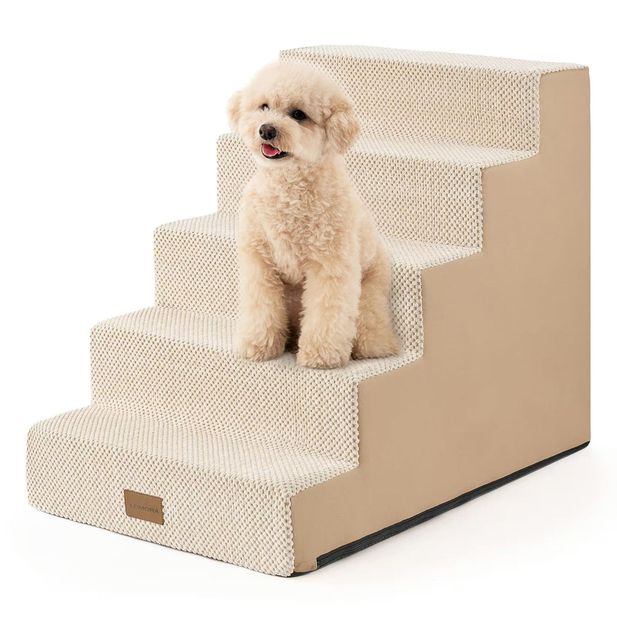 LOMORA Dog Stairs for Small Dogs, 5 Tier Widened Pet Stairs for High Beds, 23.6" H Non-Slip Dog Steps for Puppy, Elderly, or Disabled Dogs, 17.7x30x23.6 inch, Beige