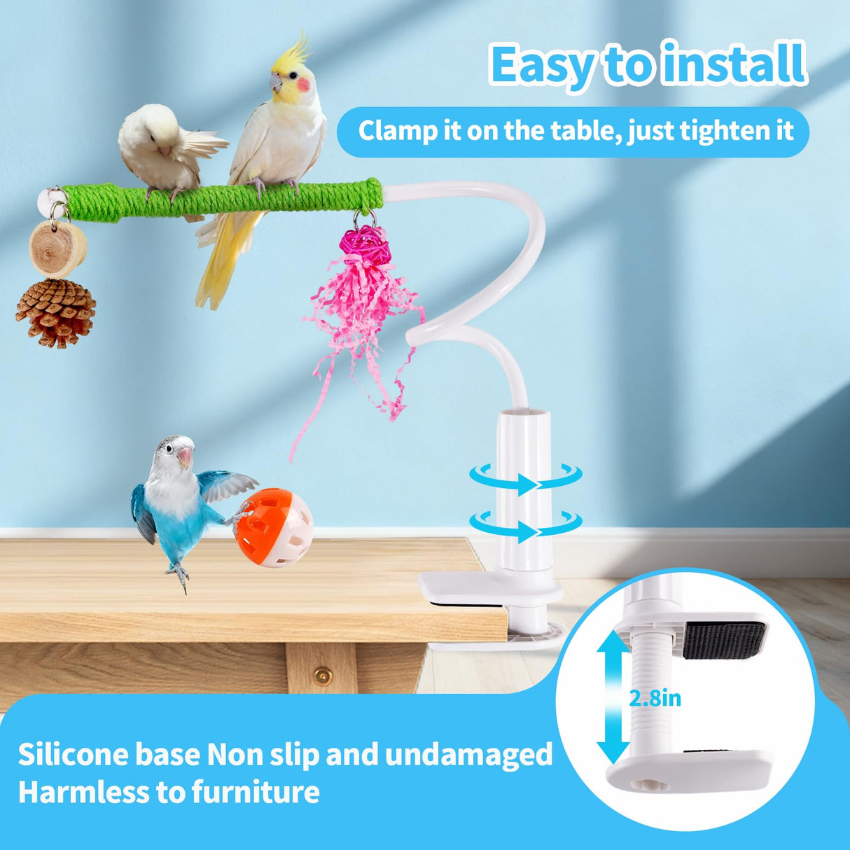 ZooVibe Bird Perch Stand with Swing, Desktop Bird Toy & Stand for Interacting, Interactive Playground for Sun Conure, Lovebirds, Conure, Budgie, Cockatiel - Non-Slip Adjustable Perch