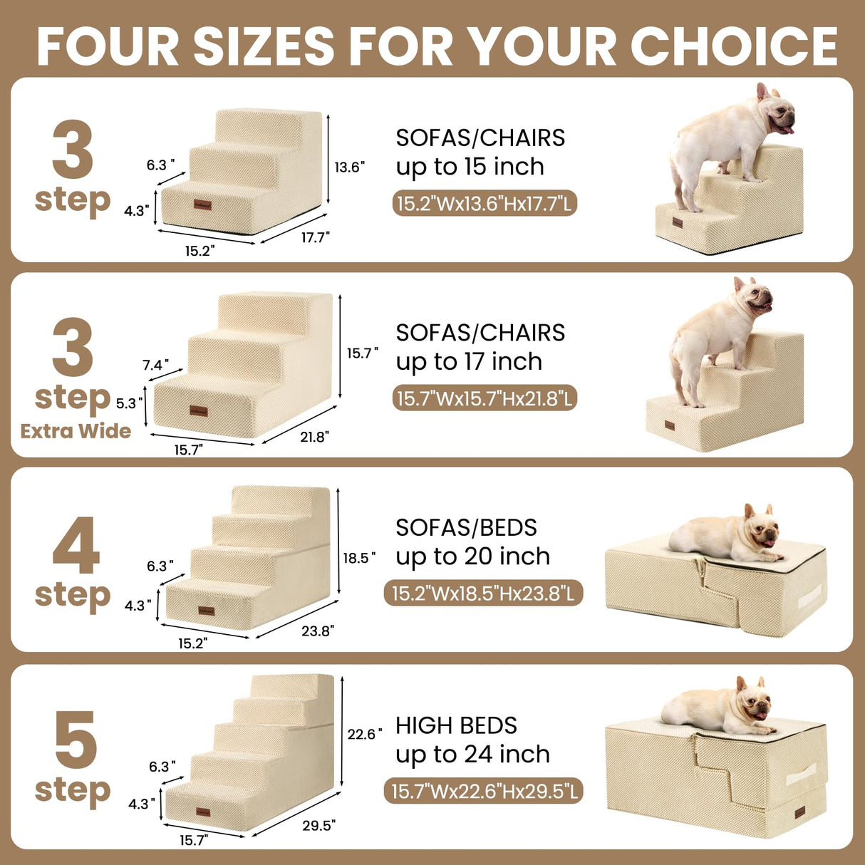 Aodisman Dog Stairs for Bed 18.5" H, 4-Step Dog Steps for Small Dogs and Cats, Indoor Non-Slip Balanced Pet Stairs are Suitable for Puppy, Older Cat,Beige