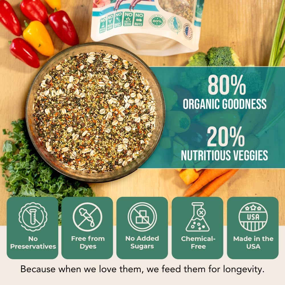 Flocksentials 80% Organic Parakeet Food - No Fillers, Fatty Seeds, or Dyes - Budgies, Lovebirds & Parrotlets - Premium Human Grade Seed Mix, Grain & Wholesome Veggies – Made in USA (4 lbs)