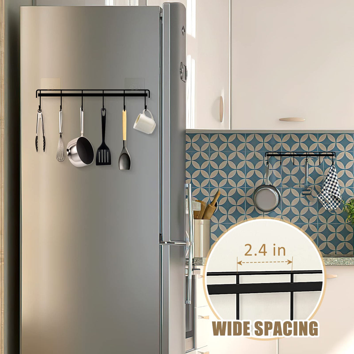 Kitchen Utensil Hanger, Adhesive Utensil Holder Wall Mount Kitchen Rack Rail with 12 Hooks, Space Saving and No Drilling, Black, 2 Pcs