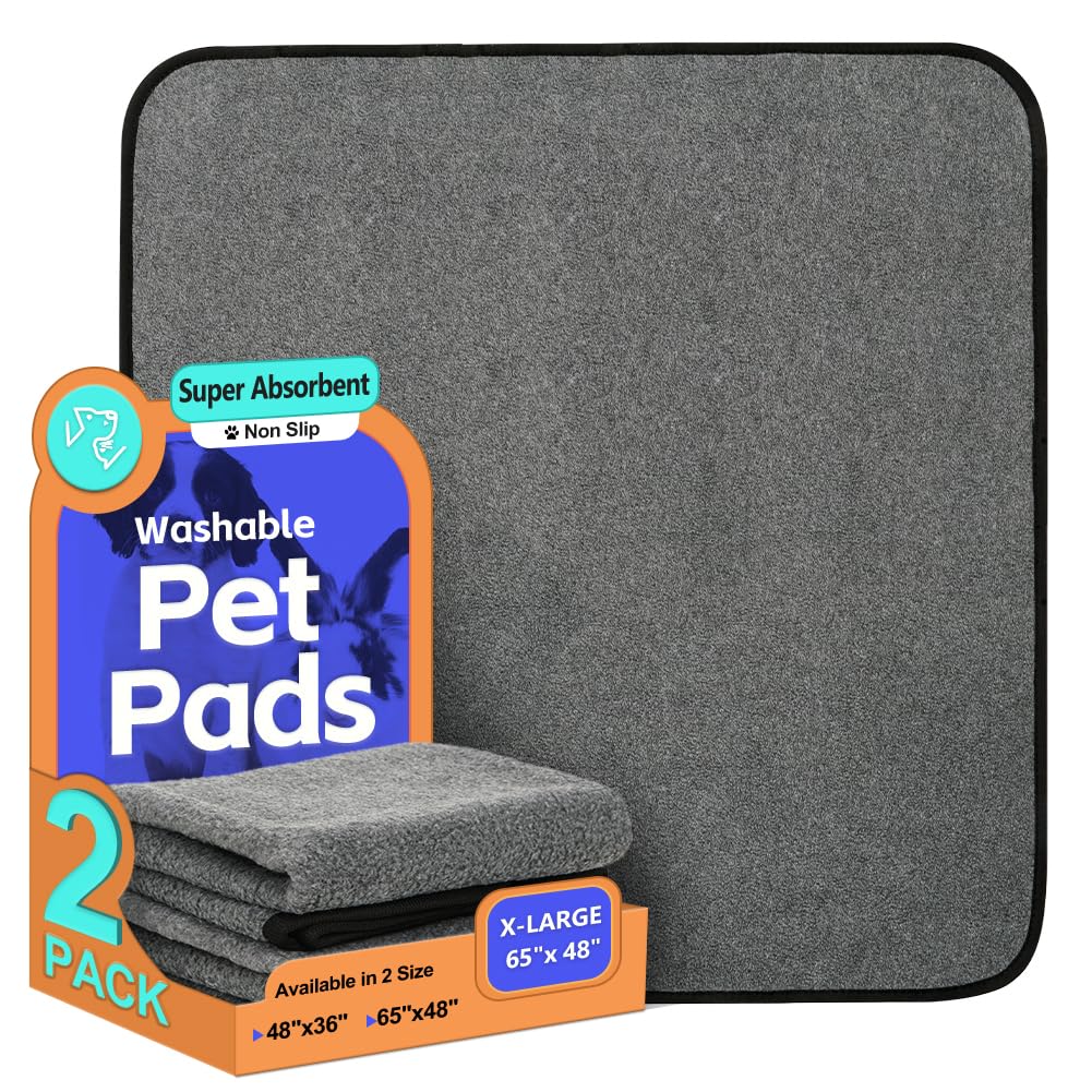 Washable Pee Pads for Dogs, Extra Large Reusable Dog Pee Pad, Waterproof Pet Mat, Dog Playpen Mats for Puppy Training Whelping Playpen Pads, Grey, 65x48 inch
