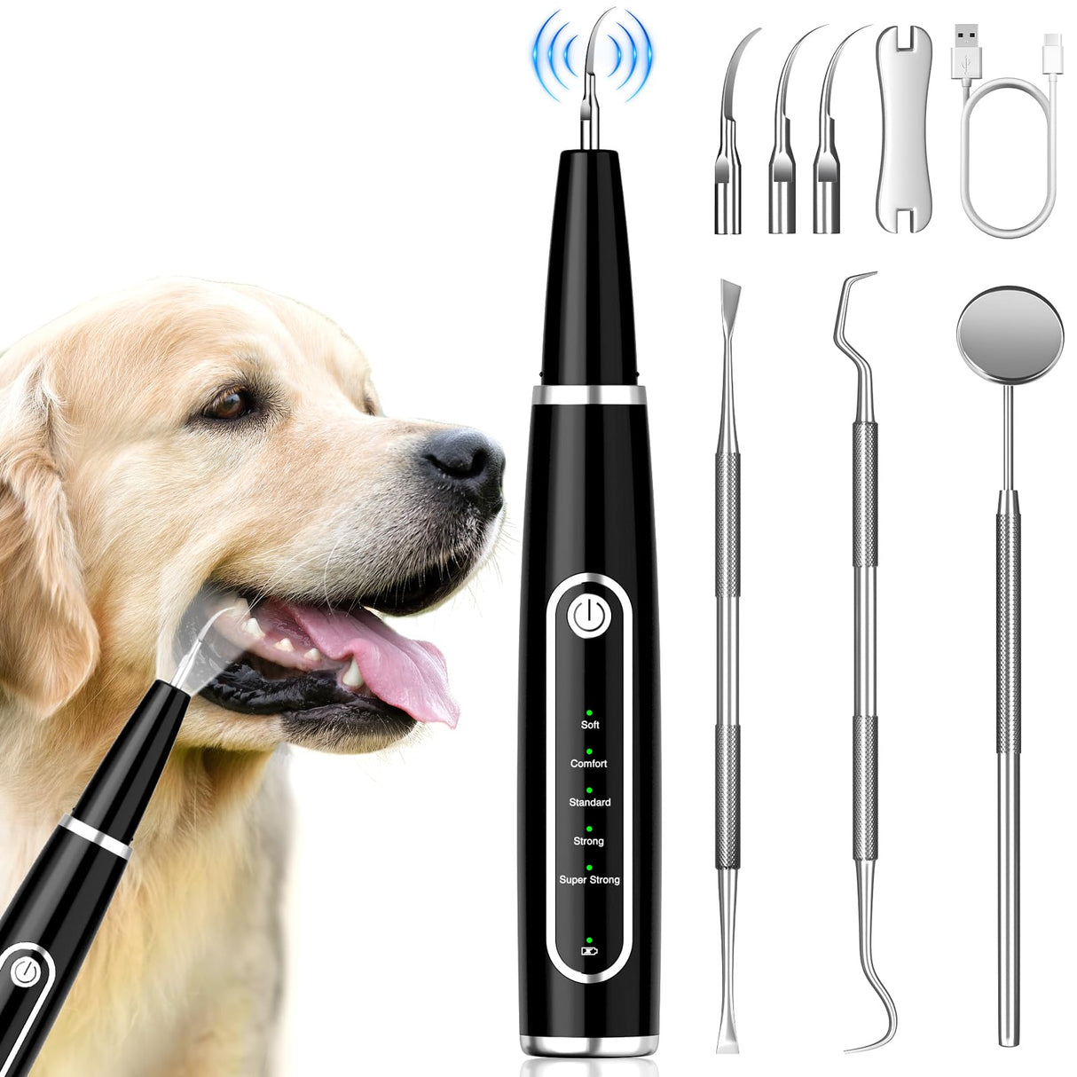 MIONJO Dog Tartar Remover for Teeth, Plaque Remover with LED Light Teeth Cleaning Kit 5 Modes for Dogs and Cats, Black