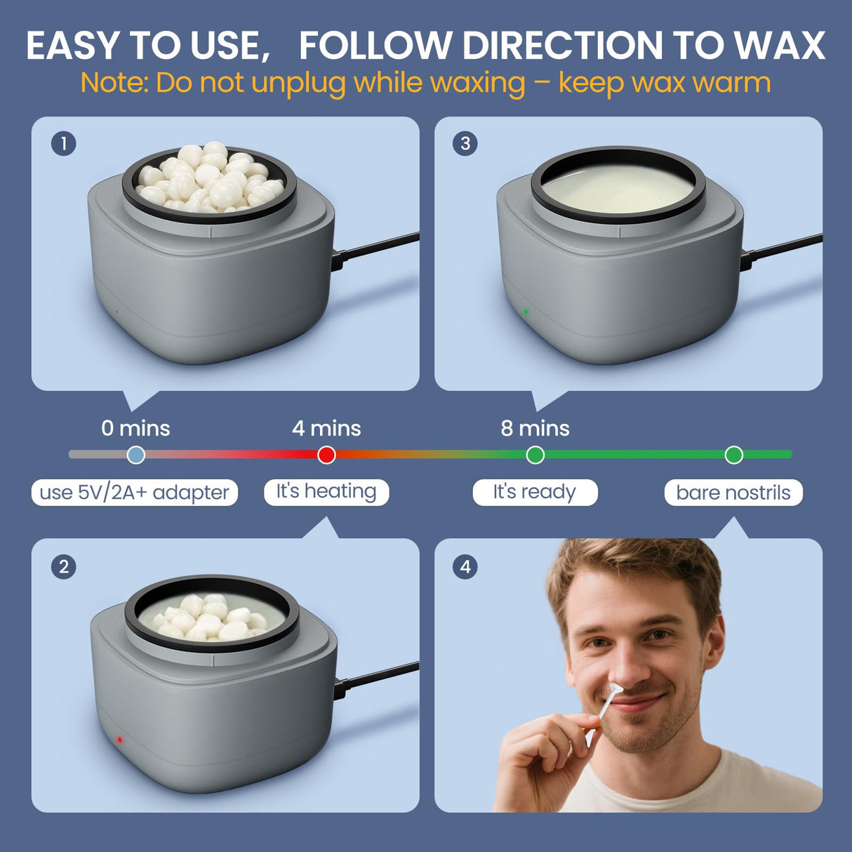 AUZEAL Nose Wax Kit Men, Mini Wax Warmer for Hair Removal, Mini Wax Kit for Noes and Ear, 100g Wax Beads, 40 Sticks, USB Fast Heat, Smart Constant Temp, Upgraded Size, Multi-Accessories, Gray