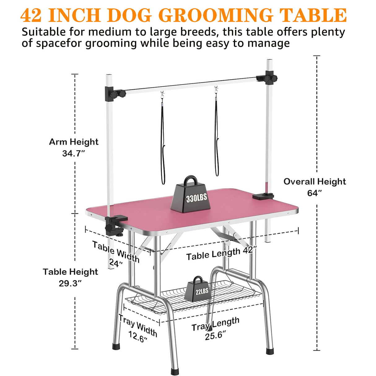 Professional Dog Pet Grooming Table Adjustable Heavy Duty Portable w/Arm & Noose & Mesh Tray (Pink, 42")
