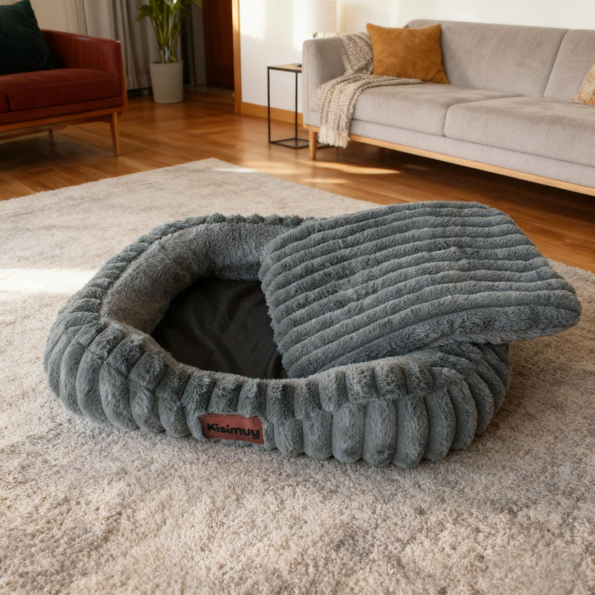 KISIMUY Cute Dog Bed for Small & Medium Dogs - Calming Orthopedic Rectangle Dog Bed with Reversible Cushion and Removable Cover, Washable Soft Pet Kennel Bed with Handle, 30x24x4Inches, Warm Grey