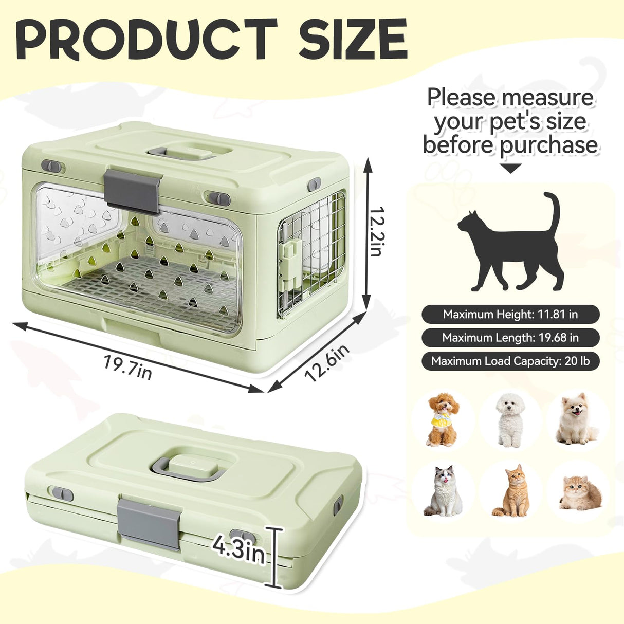 Velupet Zoom Hard Cat Carrier,Dog Crate for Small Dogs,Cat Kennel Clear,Foldable Dog Kennel with Urine Pad Mesh Grid,Ventilation & Hard Plastic Protection Transparent Pet Carrier 20" L,Green