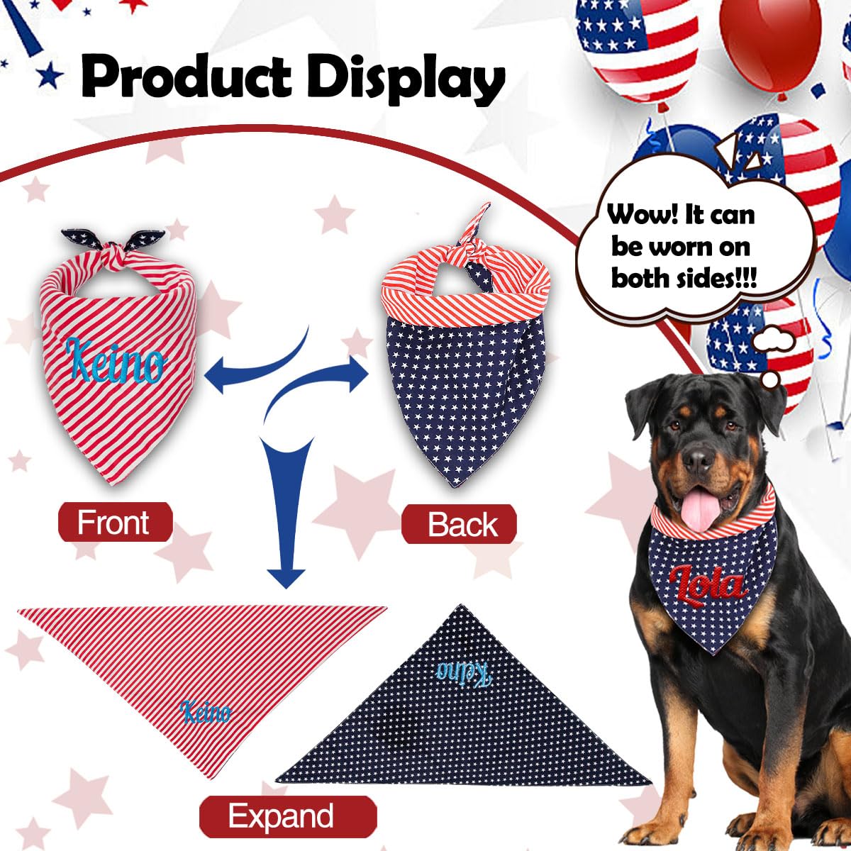Personalized 4th of July Dog Bandana Embroidered Name Custom Neckwear Dog Scarf for Small Medium Large Dogs Cats Pets Birthday Gift