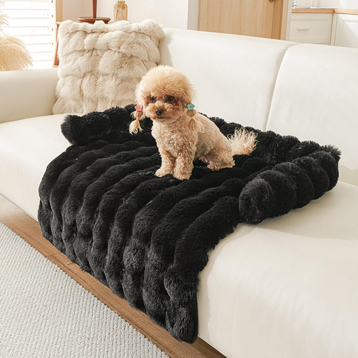 Calming Dog Bed for Couch, 29.5 x 29.5 inch, Non-Slip Rabbit-Velvet Dog Sofa Mat for Furniture Protector, Perfect for Small, Medium Dogs and Cats (Black)