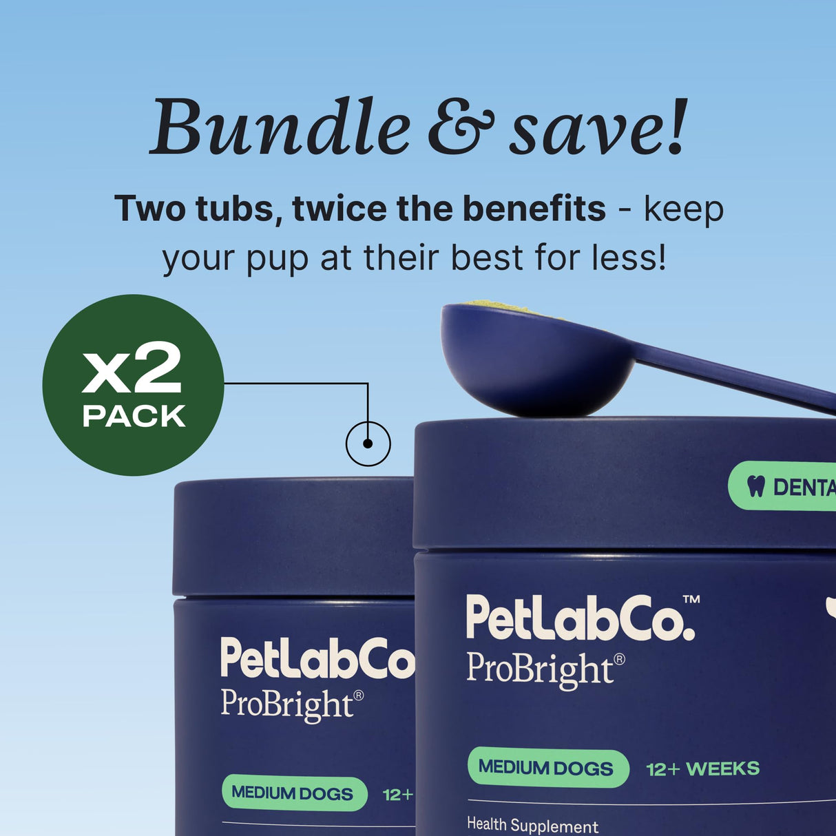 PetLab Co. ProBright Dental Powder - Dog Breath Freshener - Teeth Cleaning Made Easy – Targets Tartar & Bad Breath - Formulated for Medium Size Dogs - Pack of 2