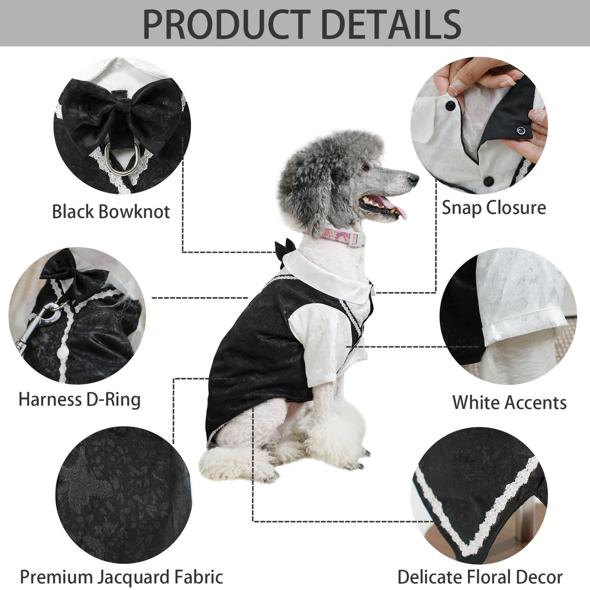 Dog Tuxedo Suit, Formal Dog Shirt Costume Wedding Attire with Black Bow Tie, Pet Outfit for Small Dogs Cats (Jacquard&Black, 4X-Large(55.1-74.9lb))