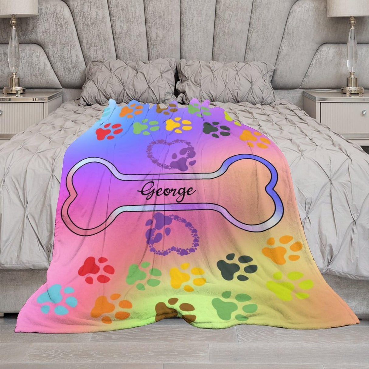 Personalized Paw Print Dog Blanket With Pets Name, Custom Pet Name Blanket for Small Dogs, Flannel Puppy Blanket, Dog Memorial Gifts for Loss of Dog, Pet Loss Sympathy Remembrance Gifts