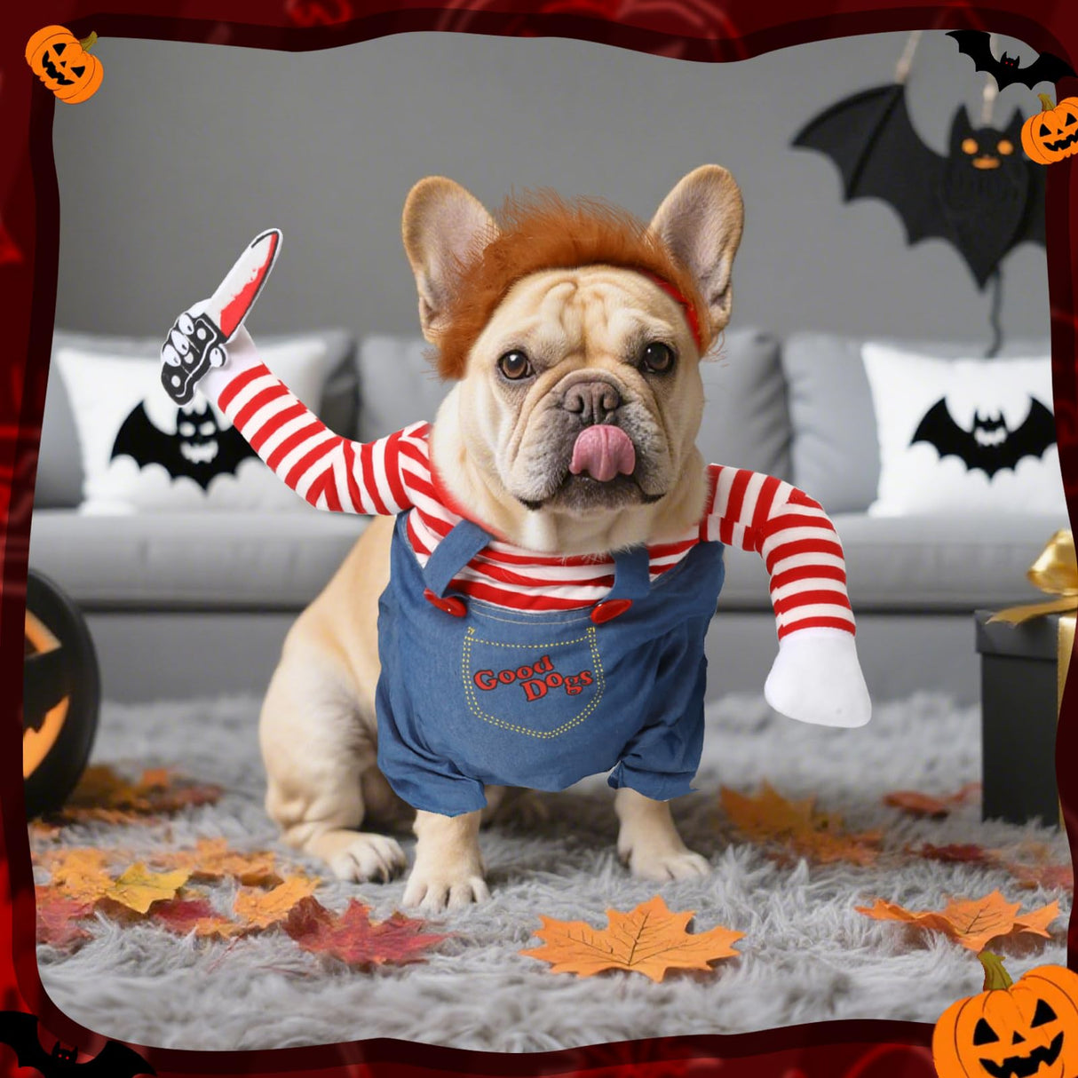 T2Y Dog Halloween Costume Pet Deadly Doll Chucky Dogs Costume with Knife & Wig, Dog Costumes for Medium Dogs Funny Party Cosplay Halloween for Corgi, Pug, Frenchie, Dachshund【XL】