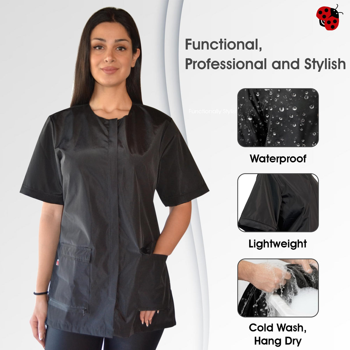 Ladybird Line 950 Classic Black Waterproof Styling Jacket, Hair and Bleach Resistant with Covered Zipper Panel, Mesh Back and Back Tie Belt, Ideal for Pet Groomers, Barbers, and Hair Stylists - 2XL