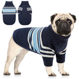 Queenmore Dog Striped Knitted Sweater, Turtleneck Pullover Pet Coat, Dog Winter Clothes with Leash Hole for Small Medium &Large Dogs(Navy Blue,S)