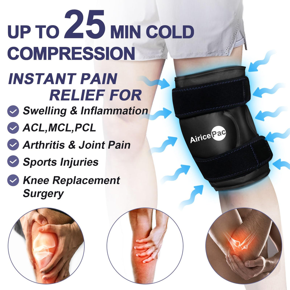 AiricePac 2 Ice Pack for Knee Pain Relief, Reusable Gel Ice Wrap for Injuries, Swelling, Knee Replacement Surgery, Cold Compress Therapy for Arthritis, Meniscus Tear and ACL, Black