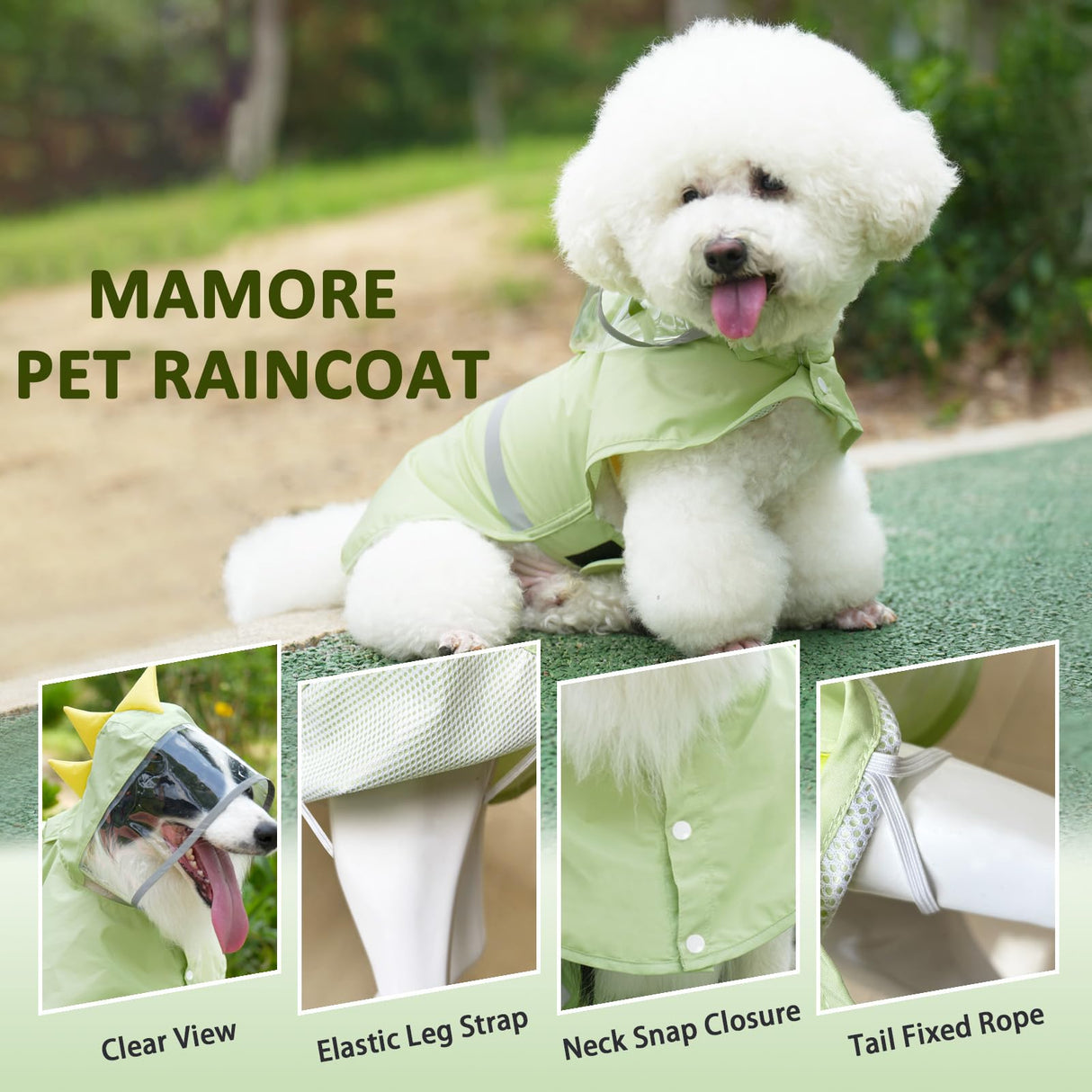 Dog Raincoat, Waterproof Reflective Adjustable Hooded Dog Rain Coat with Leash Hole, Lightweight Breathable Pet Poncho for Dogs (Green Dinosaur, Small(9-13lb))