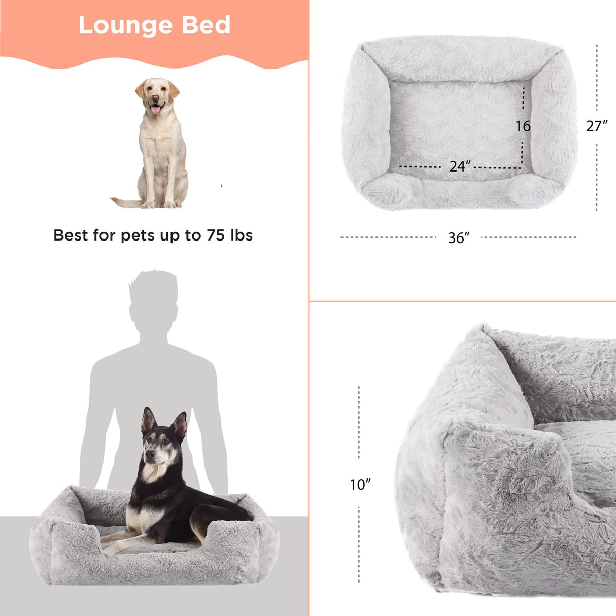 Best Friends by Sheri Lux Lounge Bed Calming Faux Fur Dog Bed, Gray, Large, 36" x 27"