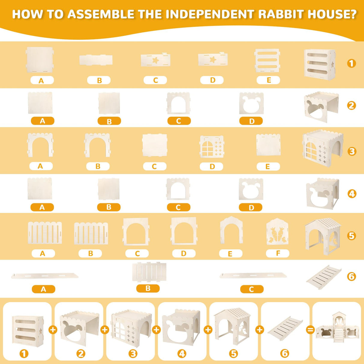 Large Rabbit Castle, Wooden Bunny House & Hay Feeder, Detachable Rabbit Hideaway, Indoor Rabbit Castle with Ramp, Small Animal Houses & Habitats